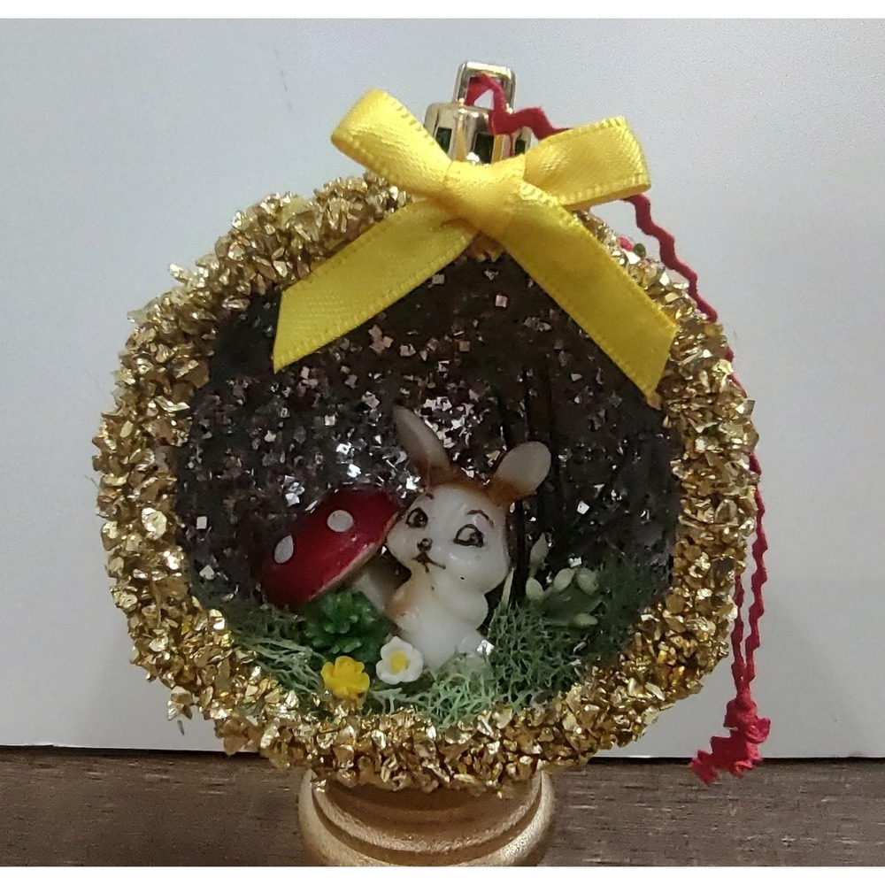 Bunny Rabbit Christmas Ornament Handmade Vtg Style OOAK Shatterproof Diorama